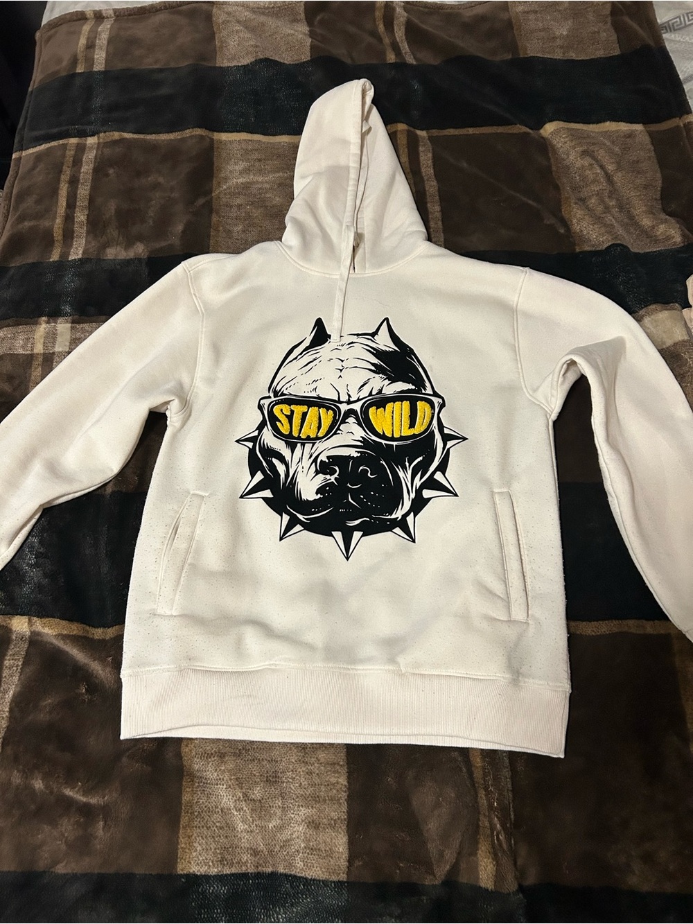 White House Black Market Cream Hoodie with Black and Yellow Graphic